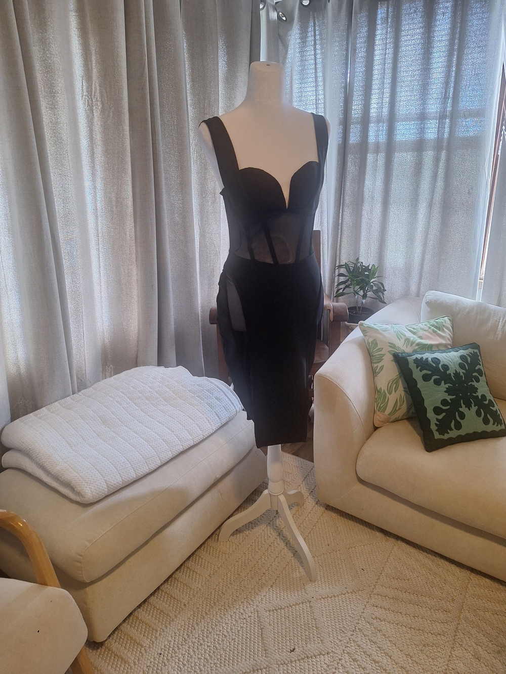 Black Sheer-Panel Midi Dress with Structured Bust - Women